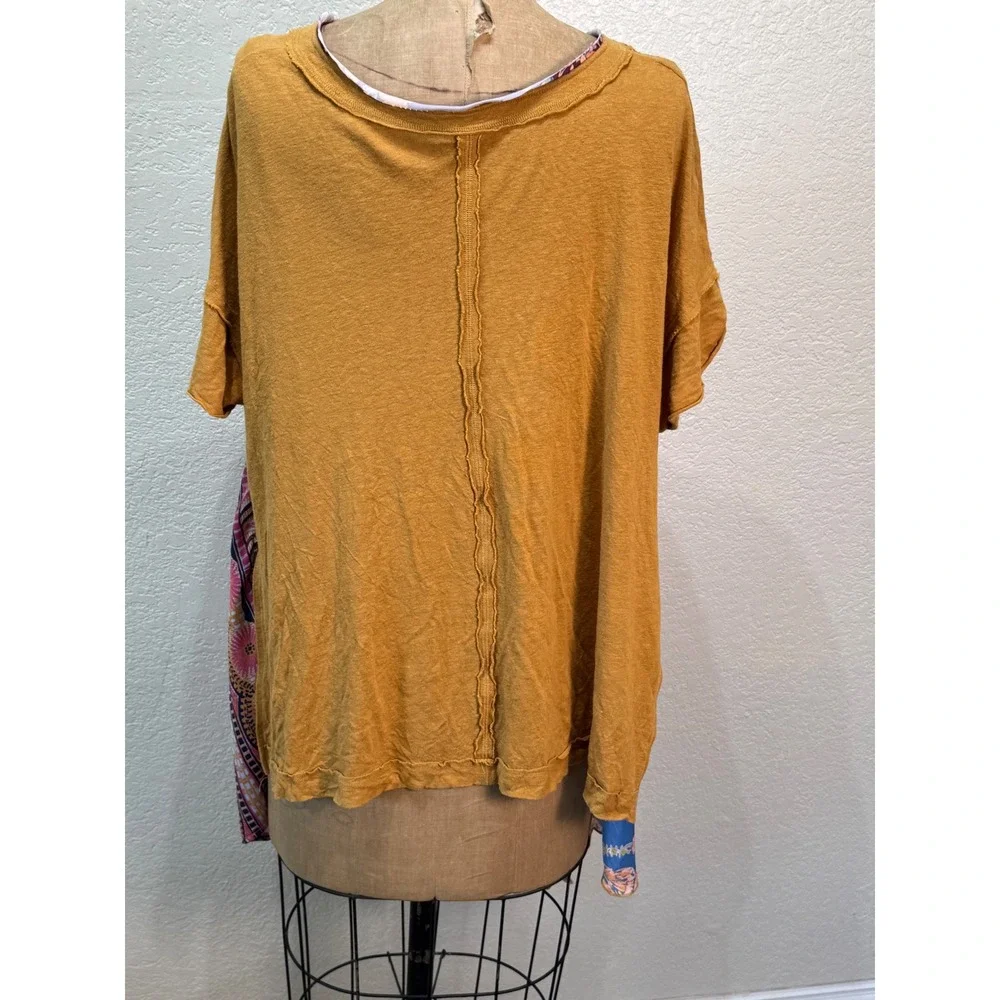 Free People Women Large Mixed Print Floral Asymmetrical Mustard Top OB1704333
